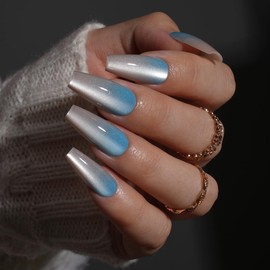 Blue Gradient Press on Nails Cat Eye Fake Nails Medium Coffin Shaped Stick on Nails Full Cover False Nails with Giltter Designs Glossy Artificial Acrylic Nails Reusable Glue on Nails for Women 30PCS