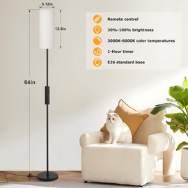 Ambimall 64'' Floor Lamps for Living Room with Remote Control and Stepless Dimmable Colors Temperature & Brightness, 9W Bulb Included(Beige Lampshade & Black Pole)
