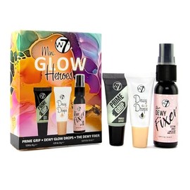 W7 Mini Glow Heroes Set - Travel Size Makeup Minis with Primer, Glow Drops & Setting Spray
