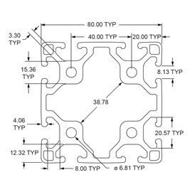 8020, 40-8080-Lite, 40 Series 80mm x 80mm Aluminum T-Slot Extrusion T Slot Extruded 80/20 Profile Bar (455mm Long, 1)