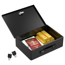 Joinfworld Fireproof Document Box Small Metal Lock Box with Keys for Securely Storing, Cash, Passport, Personal Items 14"x10"x4" Black