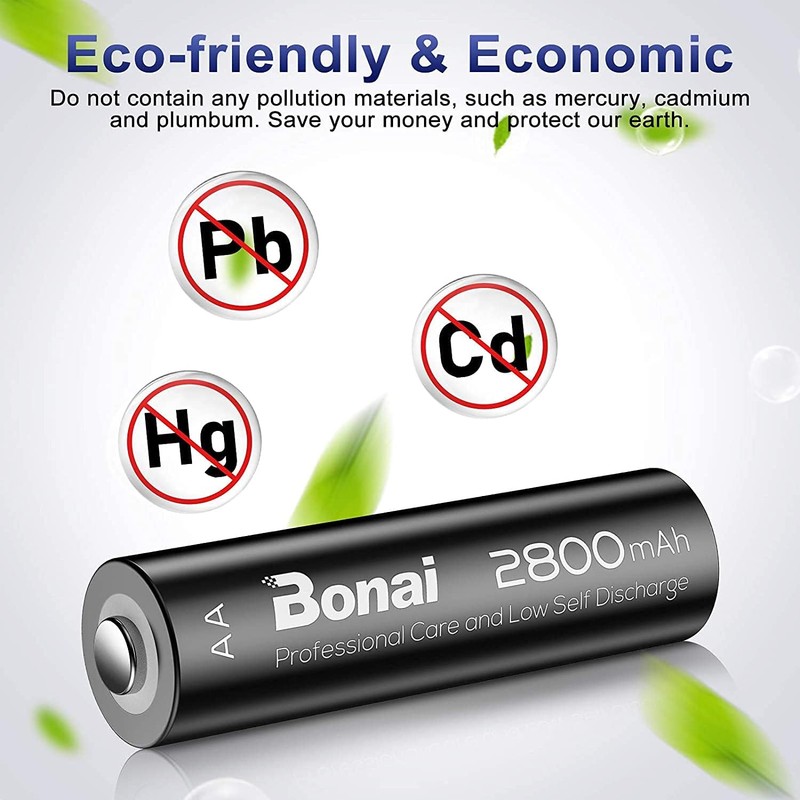 BONAI Rechargeable AA Batteries 2800mAh High Capacity, Recharge up to