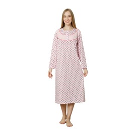Trifolium Women Button Up 100% Turkish Cotton Nightdress Floral Trim Nightie Long Sleeve Pink UK 18-20 Factory XXL (NT7010-XXL-PK)