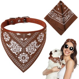 Chicingyou Dog Bandana & 22 Inch Women Men Cotton Bandana Headband Set Puppy Scarf for Small Dog Adjustable Cowboy Cat with Paisley Pattern Triangle Bib Neckerchief Handkerchief(Brown)