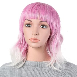 Onedor 13" Short Curly Women Lolita Anime Cosplay Heat Resistant Hair Bob Full Head Wigs (T1855 - Pink Ombre)