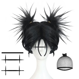 IMEYLE Black Cosplay Wig (+3 Tattoo Sticker) Short Black 2 Ponytails Wigs for Adult Wig for Anime Cosplay Costume for Halloween Outfit Tattoo Wigs for Party+Hair Cap