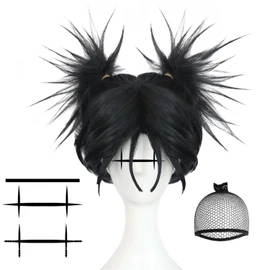 IMEYLE Black Cosplay Wig (+3 Tattoo Sticker) Short Black 2 Ponytails Wigs for Adult Wig for Anime Cosplay Costume for Halloween Outfit Tattoo Wigs for Party+Hair Cap