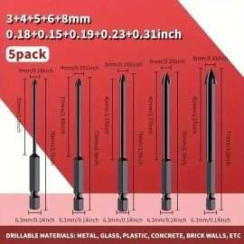 Unbranded 5pcs Cemented Carbide Drill Bit, Hexagonal Cross Handle, Glass-ceramic Concrete
