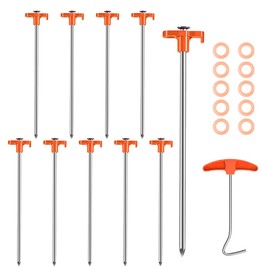 Pack of 10 Tent Pegs Rotatable with Thread, 20 cm Pegs, Sturdy Screw Pegs with Nail Picker and Rope Holder, Tent Pegs Strong for Tents, Tarpaulins, Awning, Camping Equipment, Orange