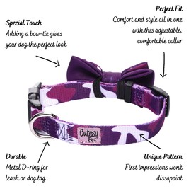 Cutesy Pet | Designer Dog Collar with Adjustable Bow | Comfortable and Strong | Durable and Cute and Made for Adventure | 5 Designs in 4 Sizes | Small, Medium, and Large Dogs | Purple Camo | Large