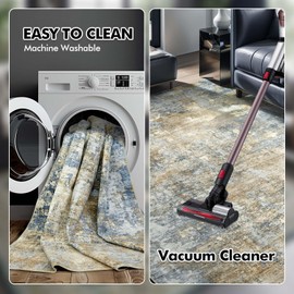 Area Rug Living Room Rugs - 5x7 Modern Abstract Large Soft Machine Washable Rug Stain Resistant Non-Slip Low Pile Accent Carpet for Indoor Bedroom Dining Room Home Studio Office - Blue/Grey/Gold