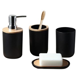 FSY FASILYT Set 4 Accesorios de Baño | Juego Organizador Bambú Elegante | Kit Práctico | Dispensador de Jabón | Jabonera | Vaso Multiusos | Porta Cepillos Dentales| (Negro)