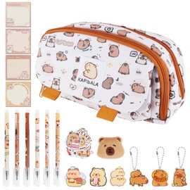LHOEST Capybara Pencil Case Girls Boys 48 Pieces Capybara Stationery Set Key Ring Capybara Pencil Case 3 Compartments Kawaii Pencil Case Water Pig Sticker Capybara Pens Cute Pencil Case, Fabric pencil