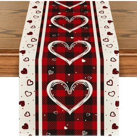 Red Love Hearts Valentine's Day Buffalo Plaid Table Runner 13x72 Inch Home Kitchen Dining Table Party Decoration -A 13x72 inch
