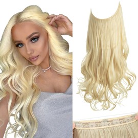 SARLA Invisible Wire Hair Extensions with 3 Clips Synthetic Wavy Curly Hairpiece Adjustable Transparent Headband for Women 16 Inch Beach Blonde