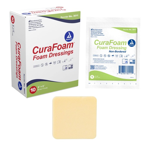 Dynarex CuraFoam Foam Dressings, Non-Bordered, Sterile, Provides Cushioned and Moist Wound Care, Used for Medium to Heavy Exuding Wounds, 2" x 2", 1 Box of 10 CuraFoam Dressings