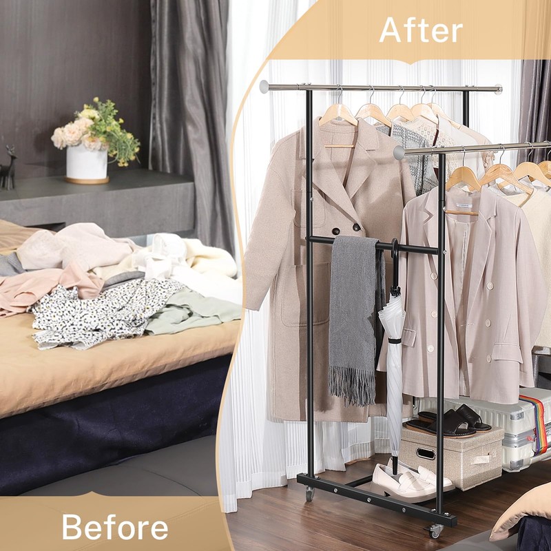 VICERII Clothes Rack, Double Clothing Rack with Wheels and Extra