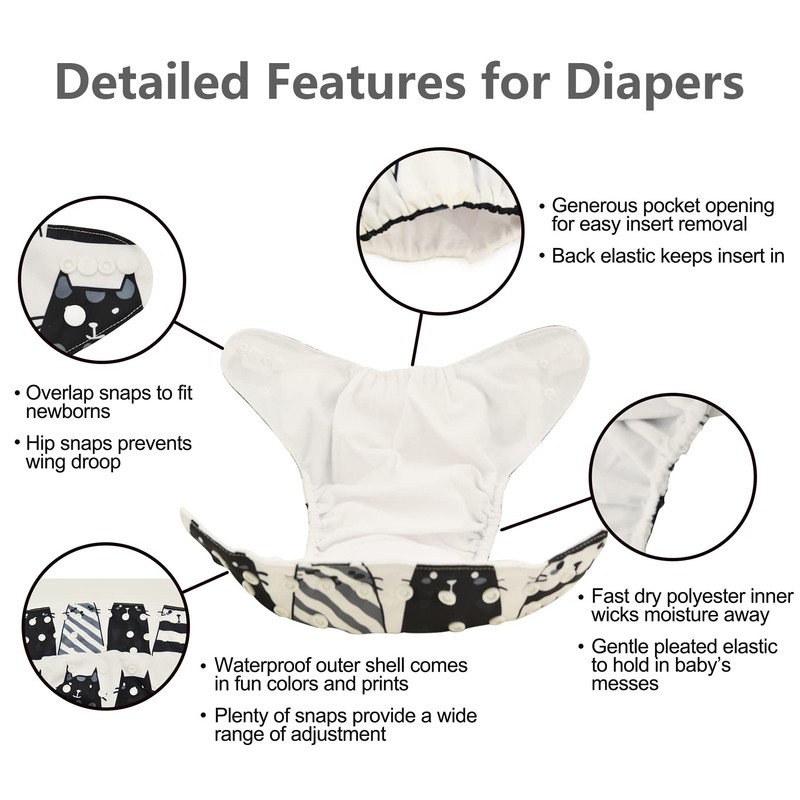 babygoal Reusable Cloth Diapers 6 Pack+10pcs Inserts, One Size Adjustable