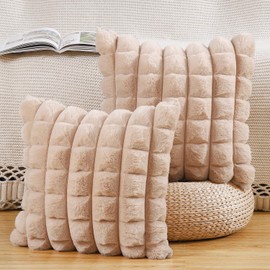 Madizz Set of 2 Faux Fur Plush Decorative Cushion Covers Striped Soft Decorative Cushion Cover for Sofa Bedroom Cushion Shell Camel 45 x 45 cm