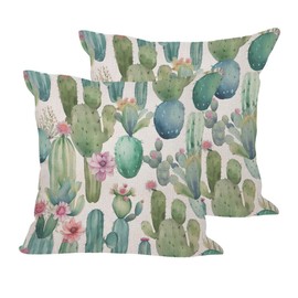 BLDKORUER Watercolor Cactus Throw Pillow Covers Green Plants and Colorful Flowers Throw Pillow Covers 18"x 18" Set of 2 for Living Room Couch Bed Sofa Home Decor Soft Cushion Case