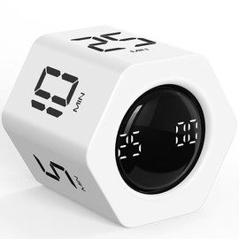 Rotating Pomodoro Timer 5, 25, 10 30,60 Mins Preset Stopwatch, Desk Flip ProductivityTimer, ADHD Tool Hexagon, Vibration/Mute/Alarm, for Work, Study, Back to School, Kitchen, White