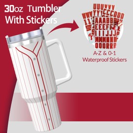 30oz Tumblers With DIY Stickers,30oz Tumbler With Handle And Straw,Travel Tumblers,Baseball Gifts(Red Stripes)