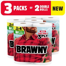 Brawny Tear-A-Square 3-Ply Paper Towels, 6 Double Rolls = 12 Regular Rolls (3 Packs of 2)