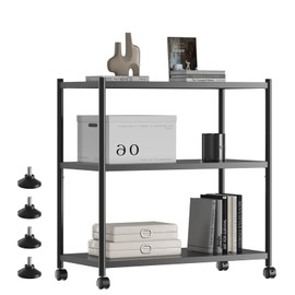 ZZL 3 Tier Small Bookshelf 31.49" Width,Metal Bookcase w/Wheels,Industrial Book Shelves for Home Office,Bedroom,School,Living Room(Black)