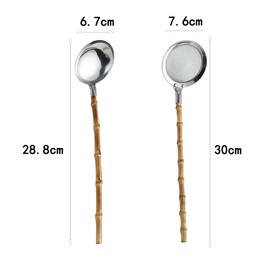 zaoalife Japanese-style Bamboo Handle Cooking Skimmers Stainless Steel Hot Pot Strainer Scoops Hotpot Soup Ladle Spoon Long Handle Serving Colander Tablespoon