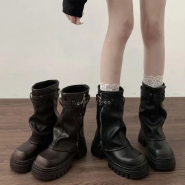 Women's Mid Platform Short Booties Retro Belt Buckle Ladies Biker Boots Casual Tooling Boots BrownColor: Brown, EUR Size: 40