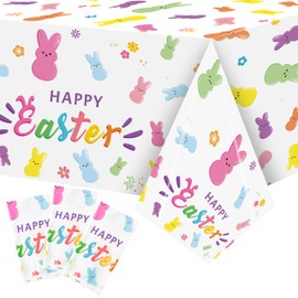 BkeeCten 3 Packs Easter Buuny Peeps Tablecloth Decoration Set, Colorful Buuny Peeps Rabbits Plastic Disposable Table covers Happy Easter Cute Bunny Tablecloth for Spring Easter Party Decor