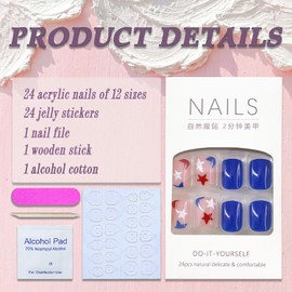 4th of July Press on Nails Short Square Fake Nails Blue Full Cover Red White Blue Star False Nails with Designs Glossy Glue on Nails Acrylic Nails Tricolor Manicure Artificial Nails for Women Girls