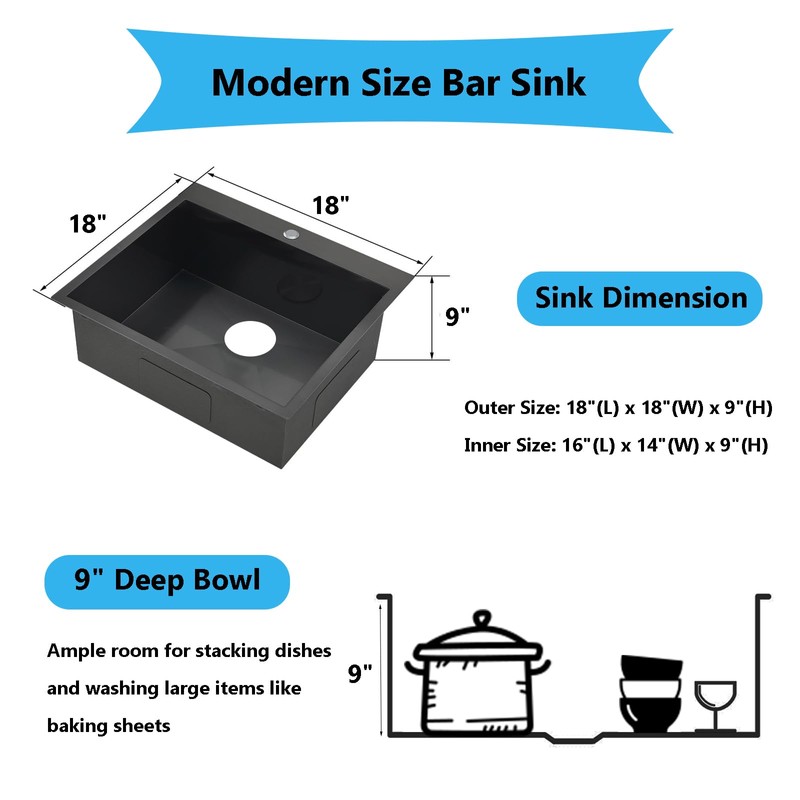 18x18 inch Drop in Bar Sink Black, Topmount Stainless Steel