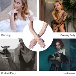 COSFAN Women's Long Tulle Gloves,Wedding Bridal Gloves,Sun Protective Gloves,Elbow Length Sheer Gloves for Dance Evening Party (Black and white)