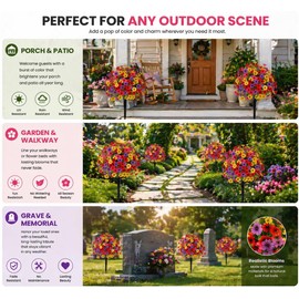 Outdoor Artificial Flowers Fake Plants, Artificial Topiary Balls with Ground Spikes, UV Resistant, Mix 4 Colors, 2 Pack, 20 inch, Garden Porch Patio Gravesite Indoor Decor (2 Pcs Orange)