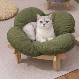 SJHX-ZYH Elevated Wooden Cat Bed with Fluffy Removable Cushion, Modern Petal Shaped Cat Couch Sofa for Indoor Cats Small Dogs 40lbs Capacity Easy to Assemble (Green)