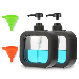 Tahbarshi Soap Dispenser, Black, Pack of 2, 500 ml Soap Dispenser, Bathroom, Kitchen, Soap Dispenser, Clear Plastic, Pump Dispenser for Bathroom, Office, Worktop, Kitchen with Funnel