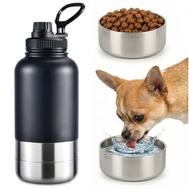 Botella de Agua para Perro 32 oz, Bebedero para Perro Portatil, con 2 Tazones Desenroscables para Agua y Comida, Recipiente Hermético Antifugas para P