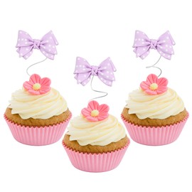 24 piezas de decoración para cupcakes con lazo de resina, decoración para tartas de cumpleaños infantiles, decoración para fiestas de cumpleaños infantiles, decoración de tartas, suministros de decoración de pasteles, color morado