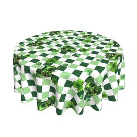 St Patricks Day Tablecloth Round 60 Inch Shamrock Tablecloth Polyester Washable Green Irish Clover Top Hat Plaid Decorative Table Cloth Table Cover for Kitchen Dining Room Picnic Patio Party