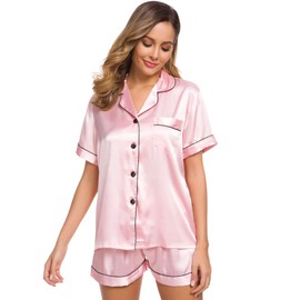 SWOMOG Womens Silk Satin Pyjamas Set Two-Piece Pj Sets Breathable Sleepwear Loungewear Button Down Pjs Pink