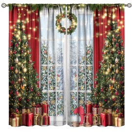 HZOHNAGO Christmas Tree Curtains,Christmas Curtain Winter Xmas Trees Glitter Bokeh Pattern Print Decor Rod Pocket Window Drapes for Bedroom Living Room 42x45in