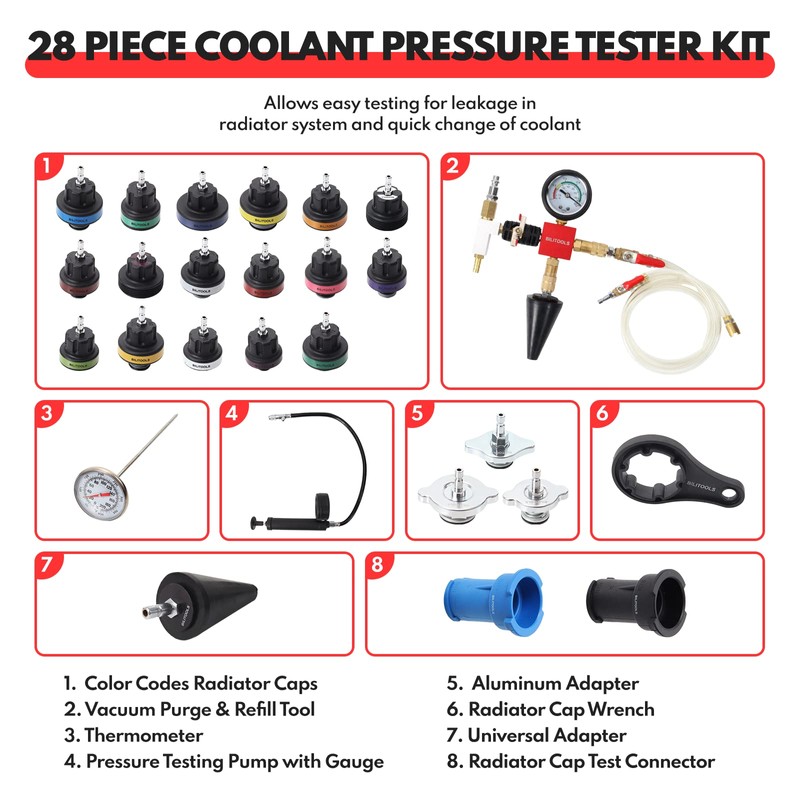 BILITOOLS Radiator Coolant Pressure Tester & Vacuum Refill Kit, 28-Piece