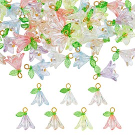 DICOSMETIC 42Pcs 7 Colors Acrylic Flower Charm Lily Floral Charms Leaf Flower Dangle Pendants Valley Bell Flower Charms with Iron Findings for DIY Crafts Necklace Earring Jewelry Making