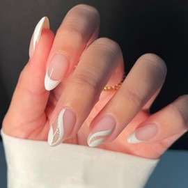 White French Tip Press on Nails Short Almond Fake Nails Nude False Nails Press ons with Design White Swirl Wave Glossy Full Cover Glue on Nails Cute Artificial Stick on Nails for Women Manicure 24Pcs