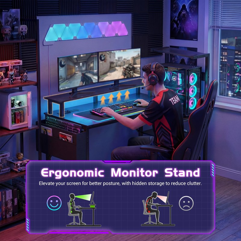Gaming Desk 54 Inch Computer Table with Storage Shelves &
