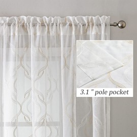 VISIONTEX Sheer Curtains 95 Inches Long 2 Panels Set, Beige and Ivory Moroccan Embroidery Texture Geometric Rod Pocket White Voile Tulle Semi Window Treatment Pair for Bedroom, W54 x L95