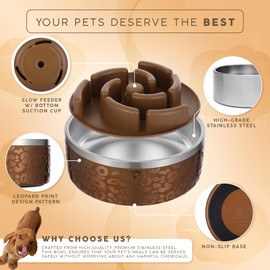 FAHRMOSIS 64 OZ Dog Bowl with Slow Feeder Insert Stainless Steel Pet Water Bowl for Medium & Large Breed Non Slip Rubber Base & Plastic Puzzle Feeder - Gold Leopard