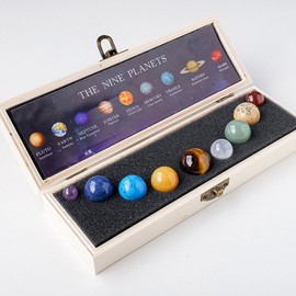Crossover Bestseller Natural Crystal Solar System Nine Planets Set - Gemstone Mineral Specimen & Crystal Ball Ornament Nine Planets Wood Case Set - New Arrival: 2ea