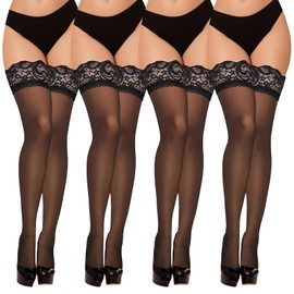 GROVL 4 Pairs Lace Silk Thigh High Stockings,Delicate Lace Silk Stockings，One Size Fits All,Hold Up Stockings For Women， In Classic Black，Silky Smooth Transparent Black Stockings